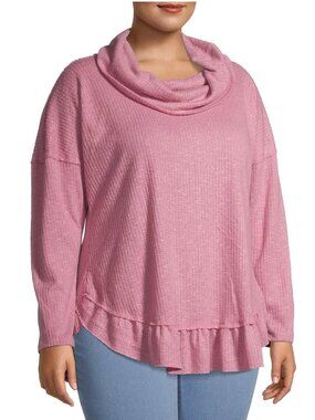 Terra & Sky Plus Size 3X Top  Pink Cowl Neck Sweater Ruffle Hem Knit Pullover